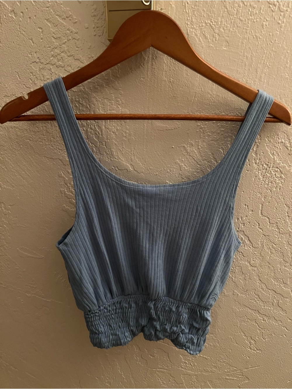 Scoop Neck Ribbed Blue Tank with Shirred Hem